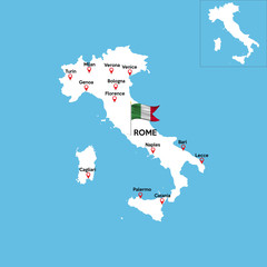Obraz premium A detailed map of Italy with indexes of major cities of the country. National flag of the state. Vector illustration.