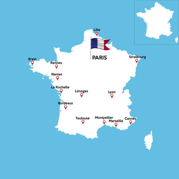 A detailed map of France with indexes of major cities of the country. National flag of the state. Vector illustration.