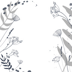 Vector  floral background. Hand drawn leaves, fennel or dill flowers and lavender with abstract paint splashes. Perfect for invitations, cards, web design.
