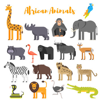 Vector flat style set of African animals. 