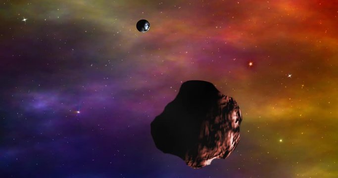 Cosmic Nebula Space Flight.They fly around asteroids and planets.Animated footage.
