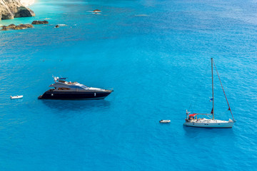 Boat in the Porto Katsiki beach in Lefkada, Greece
