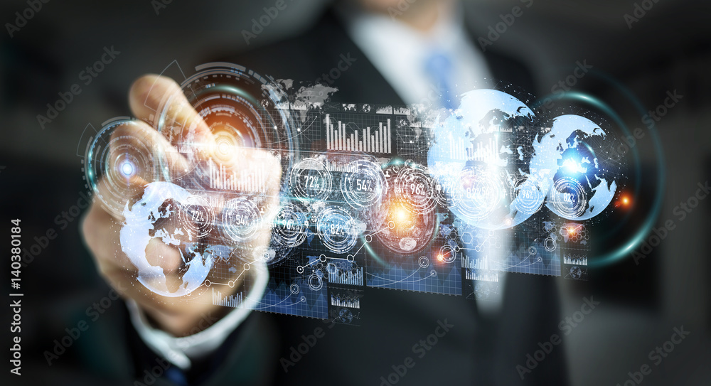 Aufkleber businessman moving digital datas with a tactile pen 3d rendering