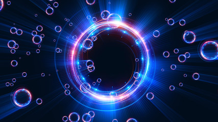 Abstract neon background. Shine swirling. Glowing spiral cover. .Bubbles elegant. Halo around. Power sparks data particle..Space tunnel. Glossy jellyfish. LED color ellipse. Glint glitter beam tech