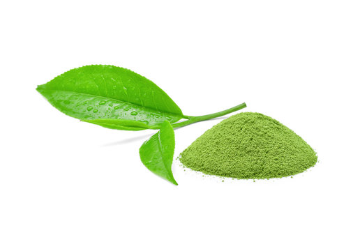 powder green tea with green tea leaf