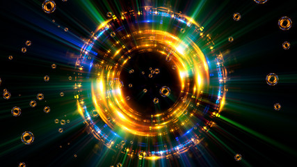 Abstract neon background. Shine swirling. Glowing spiral cover. .Bubbles elegant. Halo around. Power sparks data particle..Space tunnel. Glossy jellyfish. LED color ellipse. Glint glitter beam tech