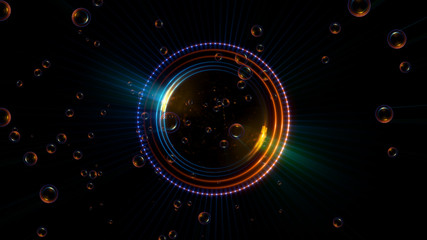 Abstract neon background. Shine swirling. Glowing spiral cover. .Bubbles elegant. Halo around. Power sparks data particle..Space tunnel. Glossy jellyfish. LED color ellipse. Glint glitter beam tech