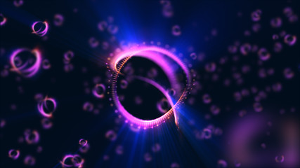 Obraz premium Abstract neon background. Shine swirling. Glowing spiral cover. .Bubbles elegant. Halo around. Power sparks data particle..Space tunnel. Glossy jellyfish. LED color ellipse. Glint glitter beam tech
