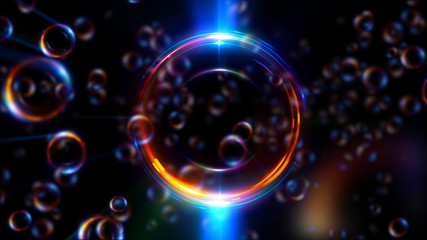 Abstract neon background. Shine swirling. Glowing spiral cover. .Bubbles elegant. Halo around. Power sparks data particle..Space tunnel. Glossy jellyfish. LED color ellipse. Glint glitter beam tech