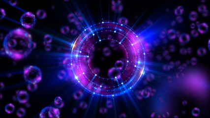 Abstract neon background. Shine swirling. Glowing spiral cover. .Bubbles elegant. Halo around. Power sparks data particle..Space tunnel. Glossy jellyfish. LED color ellipse. Glint glitter beam tech