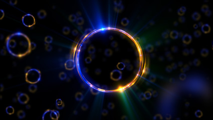 Abstract neon background. Shine swirling. Glowing spiral cover. .Bubbles elegant. Halo around. Power sparks data particle..Space tunnel. Glossy jellyfish. LED color ellipse. Glint glitter beam tech