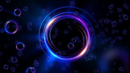 Abstract neon background. Shine swirling. Glowing spiral cover. .Bubbles elegant. Halo around. Power sparks data particle..Space tunnel. Glossy jellyfish. LED color ellipse. Glint glitter beam tech