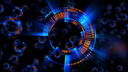 Abstract neon background. Shine swirling. Glowing spiral cover. .Bubbles elegant. Halo around. Power sparks data particle..Space tunnel. Glossy jellyfish. LED color ellipse. Glint glitter beam tech