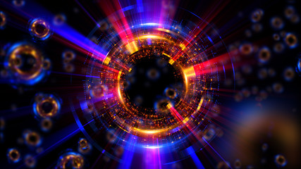 Abstract neon background. Shine swirling. Glowing spiral cover. .Bubbles elegant. Halo around. Power sparks data particle..Space tunnel. Glossy jellyfish. LED color ellipse. Glint glitter beam tech