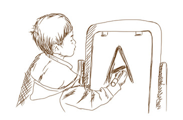 Hand drawn sketch of boy writing on board in vector illustration.