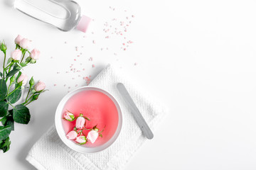 salt and cream for nail care in spa top view
