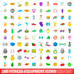 100 fitness equipment icons set, cartoon style