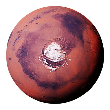 Mars with the Red Planet's north polar ice cap, isolated on white background (3d render)
