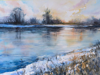 Fototapeta premium Zachód słońca nad jeziorem. Obraz wykonany akwarelami.