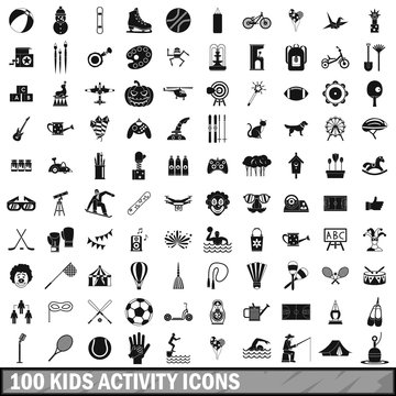 100 kids activity icons set, simple style 