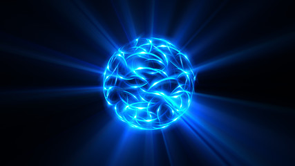 3D Atom icon. Luminous nuclear model on dark background. Glowing bots structure.  Physics electrons concept. Dust power core. Ray ring light ball. Micro model proton.