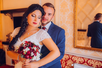 Moment of first meeting of groom and bride on their wedding day.