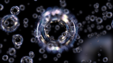 3D Atom icon. Luminous nuclear model on dark background. Glowing bots structure.  Physics electrons concept. Dust power core. Ray ring light ball. Micro model proton.