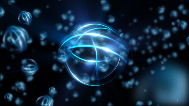 3D Atom icon. Luminous nuclear model on dark background. Glowing bots structure.  Physics electrons concept. Dust power core. Ray ring light ball. Micro model proton.