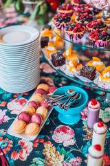 Delicious sweets on candy buffet. Lot of colorful desserts on table.