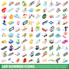 100 summer icons set, isometric 3d style