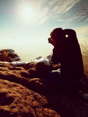 Fototapeta premium Man photographer takes picture. Marvelous freeze autumn