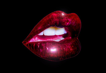 Glossy luxury lips close up isolated on black background. Shiny lips of girl with white teeth and sensual pink tongue. Dark red lipstick and sexy kiss. Cosmetics concept, isolated lips with lipstick - 140387111