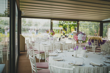 Wedding decoration of tables and chairs in the hall