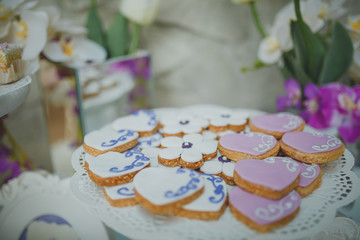 Fototapeta na wymiar Beautiful sweets on buffet table with decorations