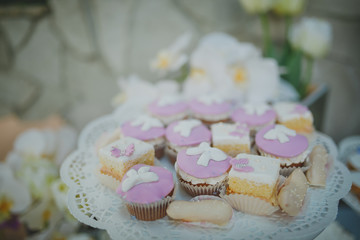 Beautiful sweets on buffet table with decorations