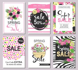 Set of flat and hand drawn spring cards and labels for season sale, fashion discounts, promotional flyers and posters, apps, websites, printing material . Colorful and floral sale badges