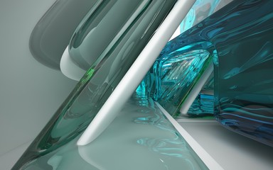 Abstract white and colored gradient glasses interior multilevel public space with window. 3D illustration and rendering.