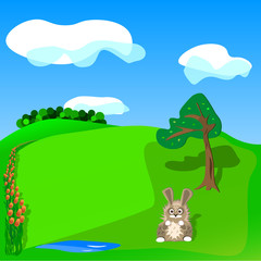 Greeting spring card with a rabbit and flowers on a nature background.