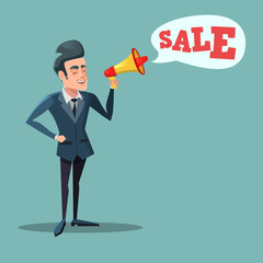 Fototapeta premium Cartoon Businessman with Megaphone Promoting Sale. Big Discount. Vector illustration