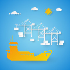 Cargo Ship Loading in Shipping Port. Harbor Dock. Cut Paper Vector Illustration