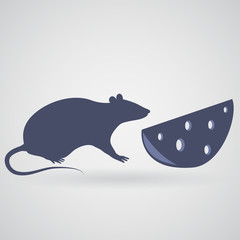 A rat and a piece of cheese with holes on a gray background with a shadow.