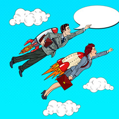 Pop Art Business People Flying on Rockets. Creative Start Up Concept. Vector illustration