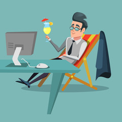 Cartoon Businessman Relaxing at Office with Tropical Cocktail. Work Break. Vector illustration