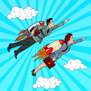 Pop Art Business People Flying on Rockets to Success. Creative Start Up Concept. Vector illustration