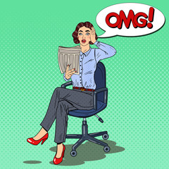 Pop Art Shocked Woman Reading a Newspaper. Bad News. Vector illustration