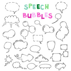 Vector hand drawn set of comic speech bubbles. Isolated. Black outlines. Collection of cartoon speech and thought communication bubbles in doodle style. Blank empty speech bubbles. Colorful.