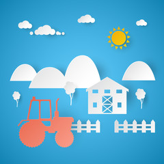 Agricultural Farm with Tractor and Rural Landscape. Cut Paper Vector Illustration