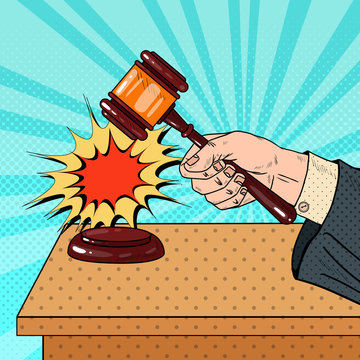 Pop Art Judge Hitting Wooden Gavel in a Courtroom. Vector illustration