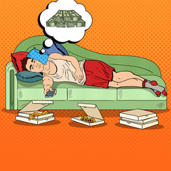 Pop Art Lazy Man Lying on Sofa, Watching TV and Dreaming about Big Money. Vector illustration