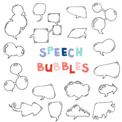 Vector hand drawn set of comic speech bubbles. Isolated. Black outlines. Collection of cartoon speech and thought communication bubbles in doodle style. Blank empty speech bubbles. Colorful.